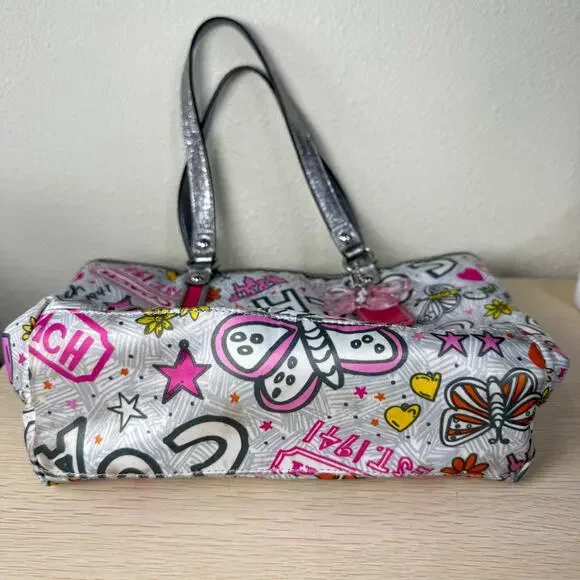 Vintage Y2k Coach Poppy Graffiti Tote Shoulder Bag Butterfly Charm Cutecore - Picture 9 of 14